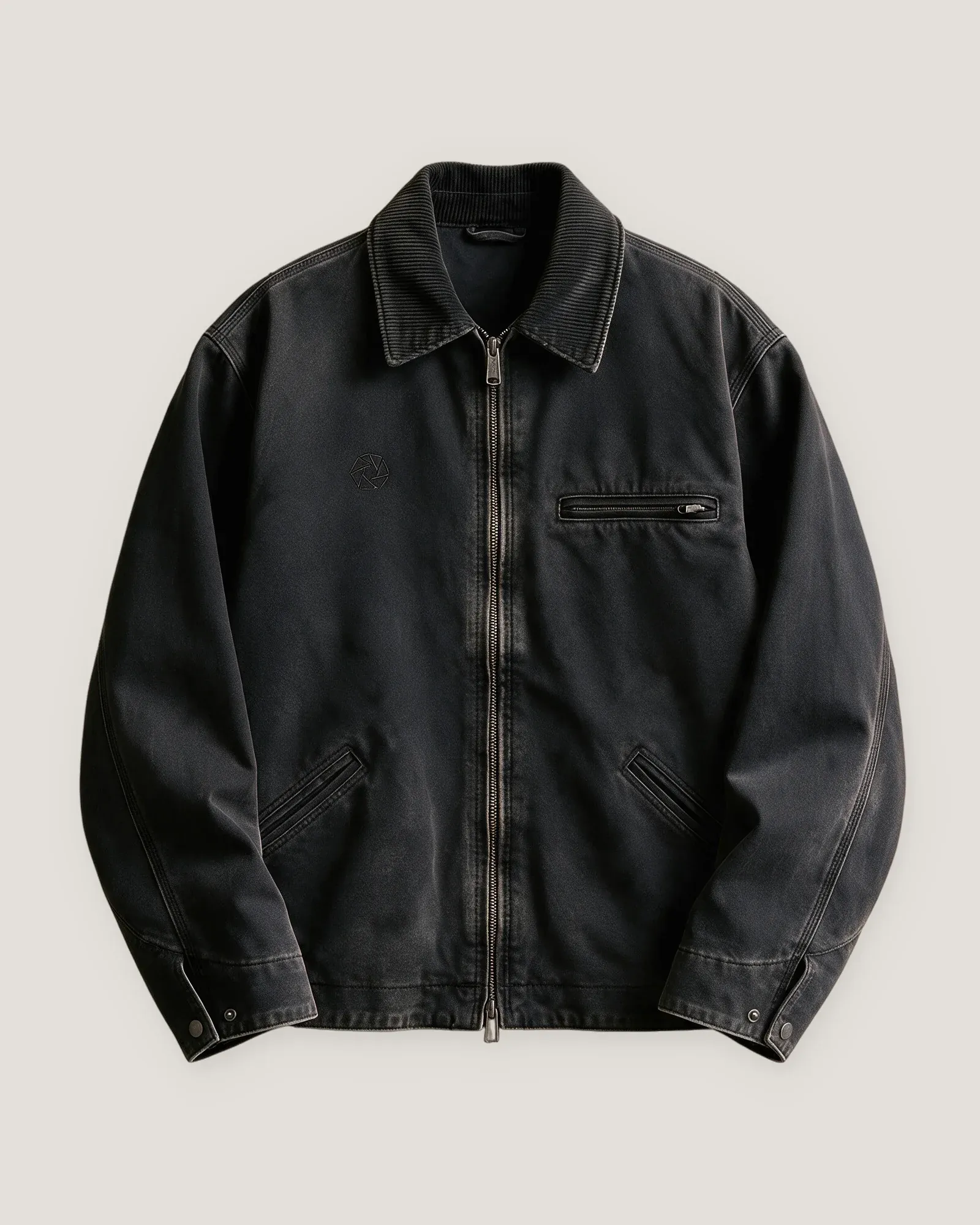 Shoreditch Work Jacket, front view in Washed Black