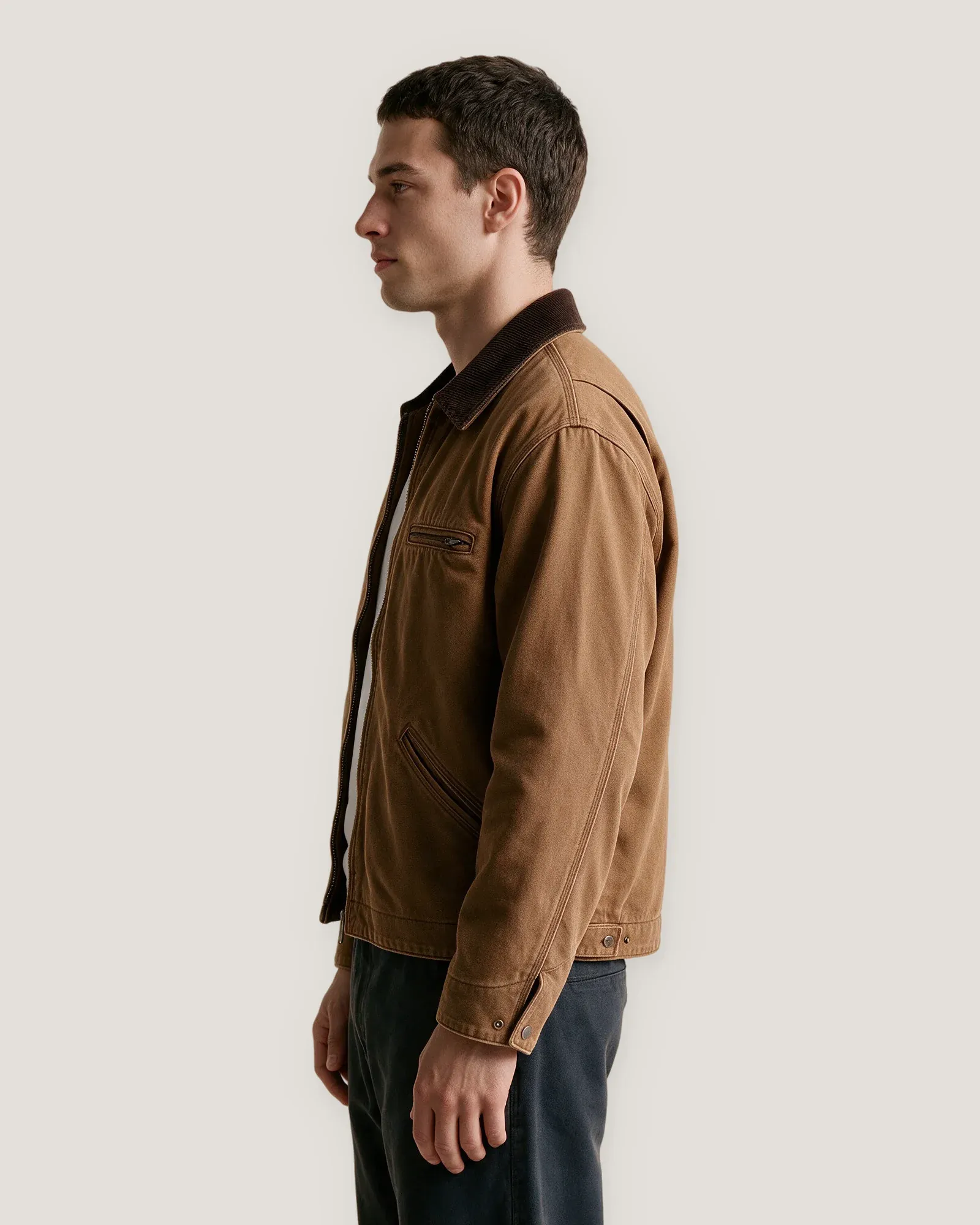 Model wearing the Shoreditch Work Jacket, side view